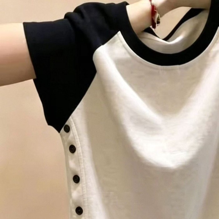 Vai Tay Màu Sắc Tương Phản Nữ Tay Ngắn Áo Thun Vai Phải Mùa Hè Phong Cách Mới Khâu Thời Trang Đa