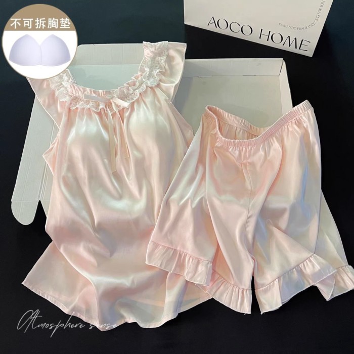 Bộ đồ ngủ lụa băng mới dành cho nữ mùa hè, mỏng và thoải mái, bộ đồ tay bay nhỏ, nơ ren, đồ m