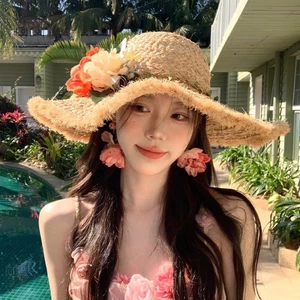 Mũ Rơm Raffia Cho Nữ Mùa Hè Pháp Dệt Hoa Kỳ Nghỉ Đi Biển Vành Lớn Mũ Chống Nắng