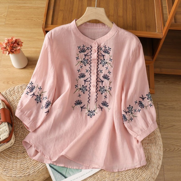 Văn Học Tay Phồng Thêu Áo Sơ Mi Cotton Và Vải Lanh Nữ Mùa Hè Dáng Rộng Giày Lười Cổ Đứng Giữa Tay Á