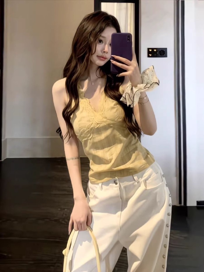 Tencel hot girl tinh khiết ham muốn phong cách ren nối dây kéo Cổ Chữ V yếm nữ mùa hè mới dán