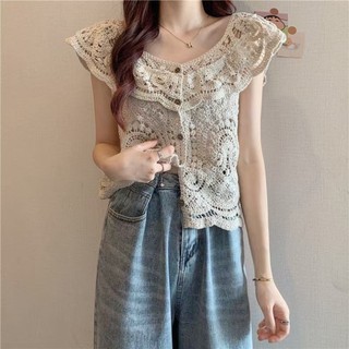 Áo không tay ngắn phong cách mùa hè mới có viền ruffle nhỏ thơm rỗng áo không tay ren móc dàn