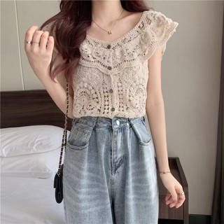 Áo không tay ngắn phong cách mùa hè mới có viền ruffle nhỏ thơm rỗng áo không tay ren móc dàn