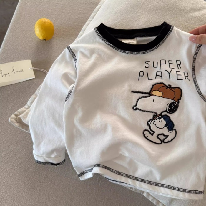 Áo thun cotton nguyên chất hoạt hình trẻ em dài tay xuân thu phong cách mới bé trai và bé gái