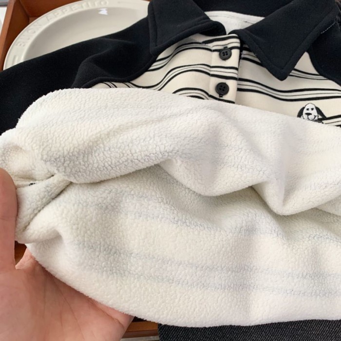 Áo sơ mi nhung sọc trẻ em POLO, áo len nhung một mảnh thu đông, áo raglan tay lỡ xinh xắn cho