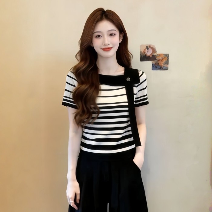 khí chất phong cách Hàn Quốc áo len sọc lệch vai ngắn tay mùa hè phong cách mới, áo kiểu dáng th