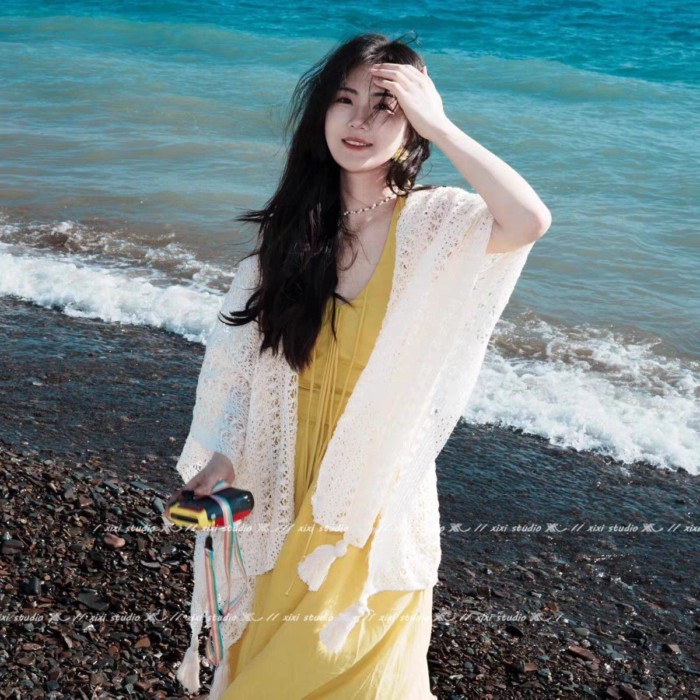 Mùa Hè mỏng tua rua rỗng dệt kim ren nữ khăn choàng mỏng cardigan bên bờ biển bãi biển váy kỳ