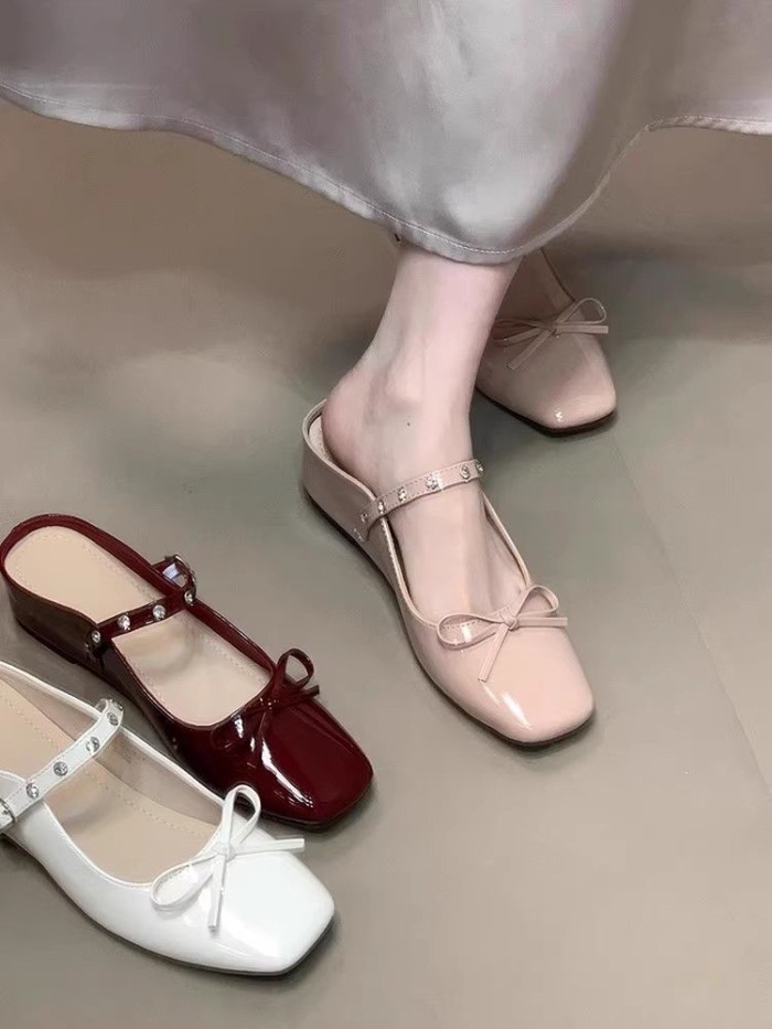 Dép cao nửa mũi nơ màu hồng bên trong dành cho nữ mang bên ngoài Dép sandal miệng nông Mary J