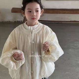 Phong cách cha-con! Áo khoác ren thêu nút trên cùng bé gái