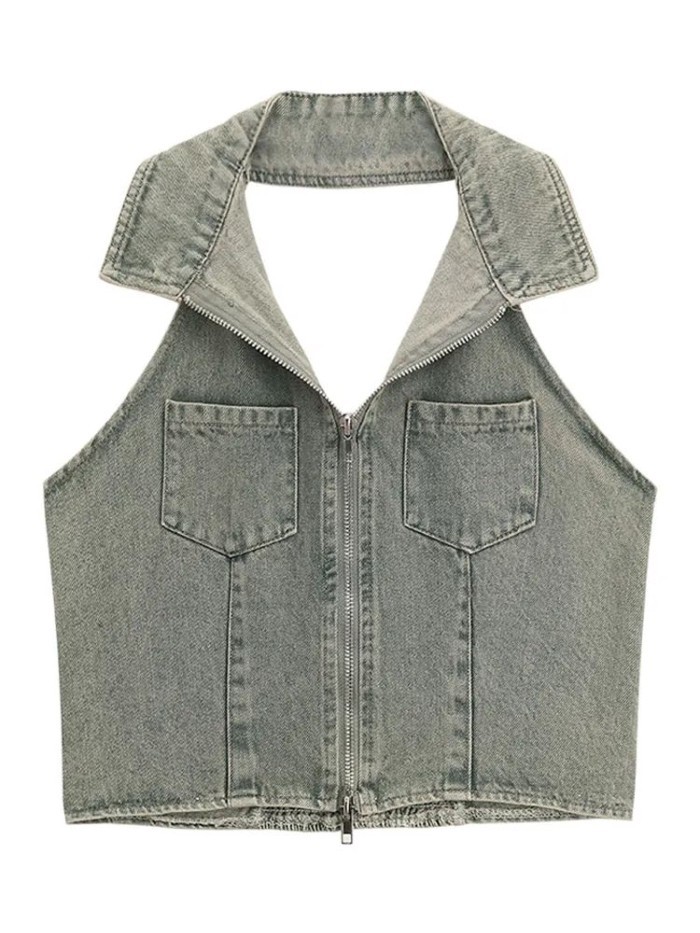 Hot Girl Pure Desire Top Ngắn Dây Kéo Denim Dây Cổ Áo Vest Nữ Hợp Thời Trang
