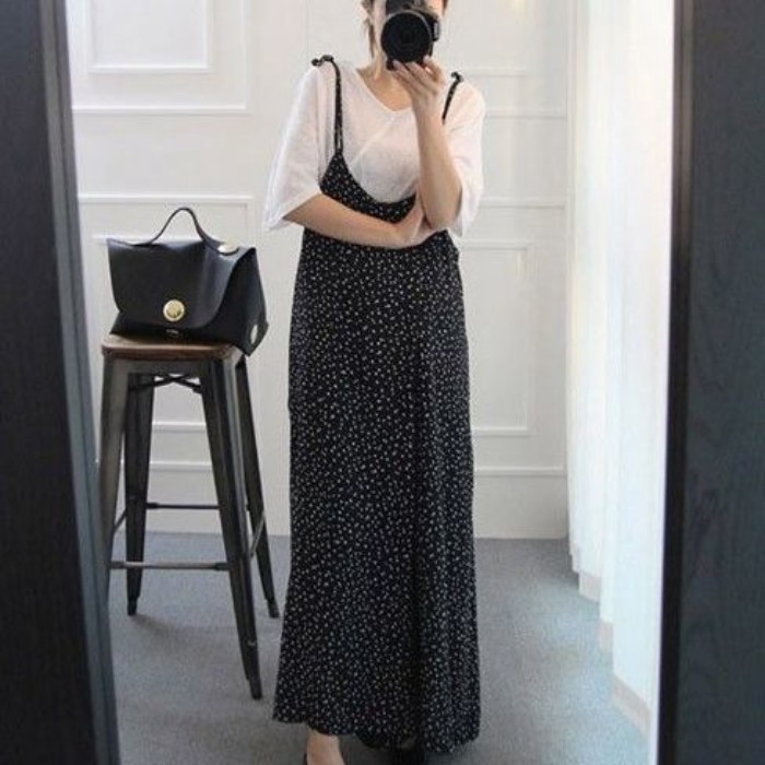 Bộ áo liền quần ống rộng phong cách retro của Mỹ dành cho nữ, khí chất mùa hè, quần lửng lưng cao c