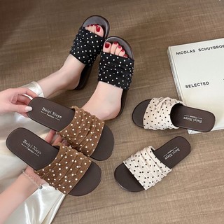 Ngựa Vằn Chấm Bi Retro Phong Cách Hồng Kông Xăng Đan Xếp Ly Cho Nữ Mùa Hè Mặc Ngoài Flat Đế M