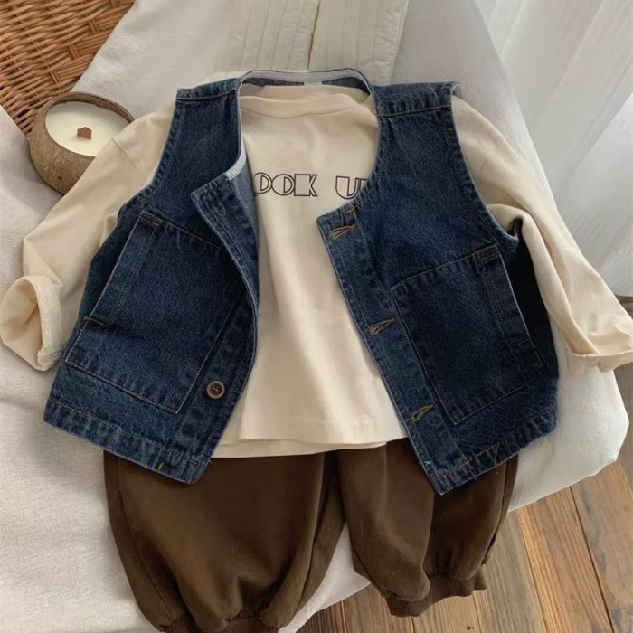 Quần áo trẻ em phong cách Hàn Quốc xuân thu bé gái phong cách mới vest denim trẻ em đa năng á
