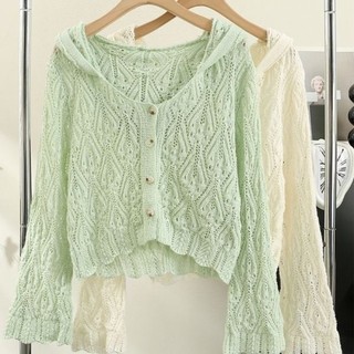 Mới Phong Cách Pháp Mỏng Cao Cấp Dệt Kim Cardigan Có Mũ Trùm Đầu Nhẹ Nhàng Rỗng Kem Chống Nắn