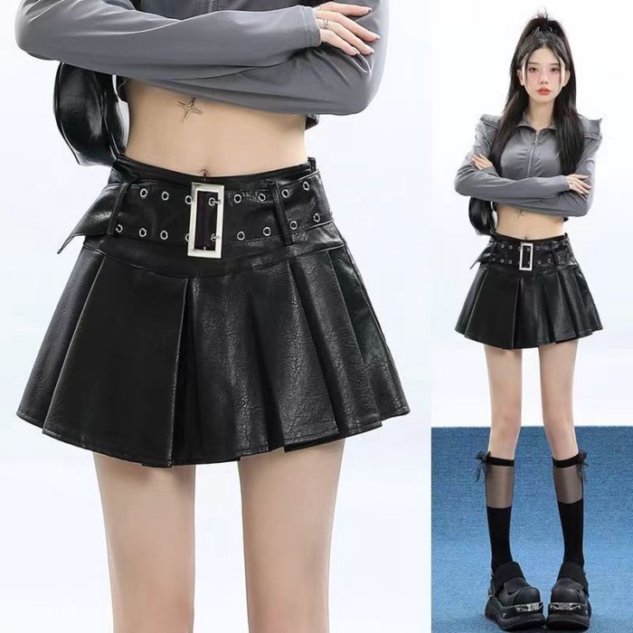 Váy da, váy xếp ly nữ, lưng cao, váy chữ A đa năng, chống hở, váy ngắn giảm béo