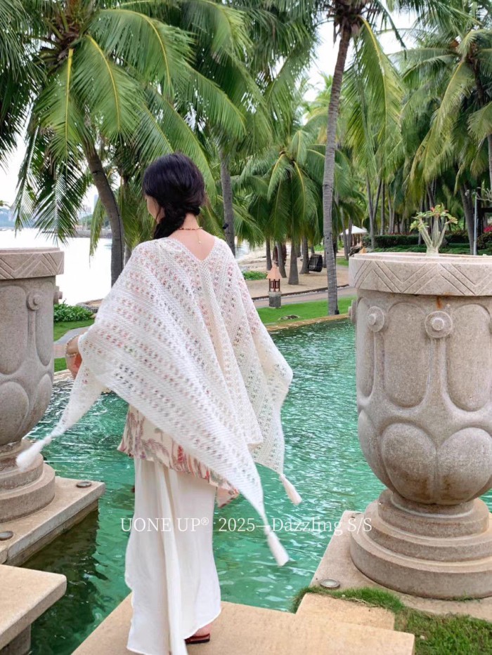 Mùa Hè mỏng tua rua rỗng dệt kim ren nữ khăn choàng mỏng cardigan bên bờ biển bãi biển váy kỳ