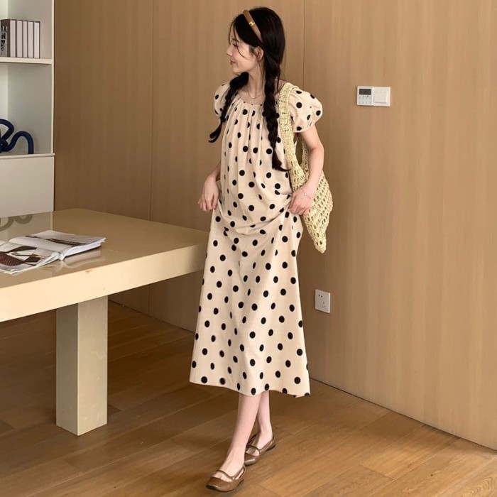 Váy chấm bi mùa hè dành cho bà bầu mới giảm béo dáng suông váy ngắn tay mùa hè dài vừa phải m