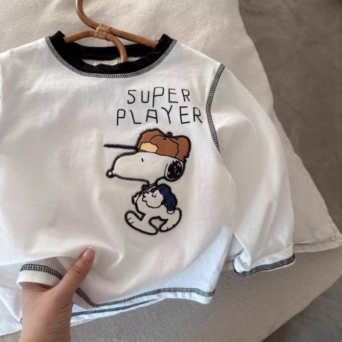 Áo thun cotton nguyên chất hoạt hình trẻ em dài tay xuân thu phong cách mới bé trai và bé gái