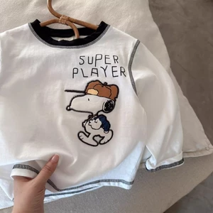 Áo thun cotton nguyên chất hoạt hình trẻ em dài tay xuân thu phong cách mới bé trai và bé gái