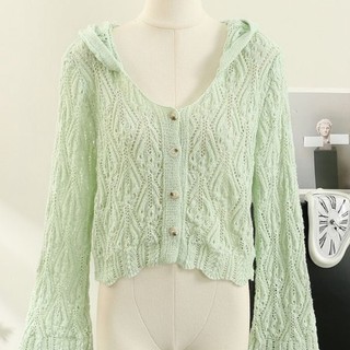 Mới Phong Cách Pháp Mỏng Cao Cấp Dệt Kim Cardigan Có Mũ Trùm Đầu Nhẹ Nhàng Rỗng Kem Chống Nắn