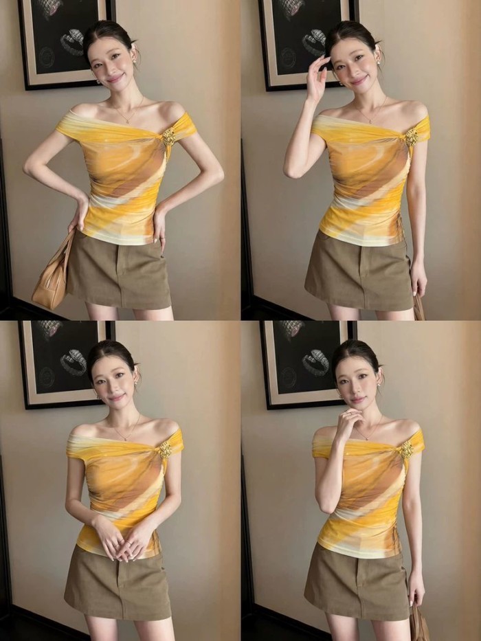 Lan ~ Pure Desire Phong Cách Retro Màu Sắc Tương Phản In Gạc Xếp Ly Áo Vest Nữ Mùa Hè Phong Cách Mới Thiết Kế Cảm Giác Slim-fit Ôm Hơn Nhìn Top