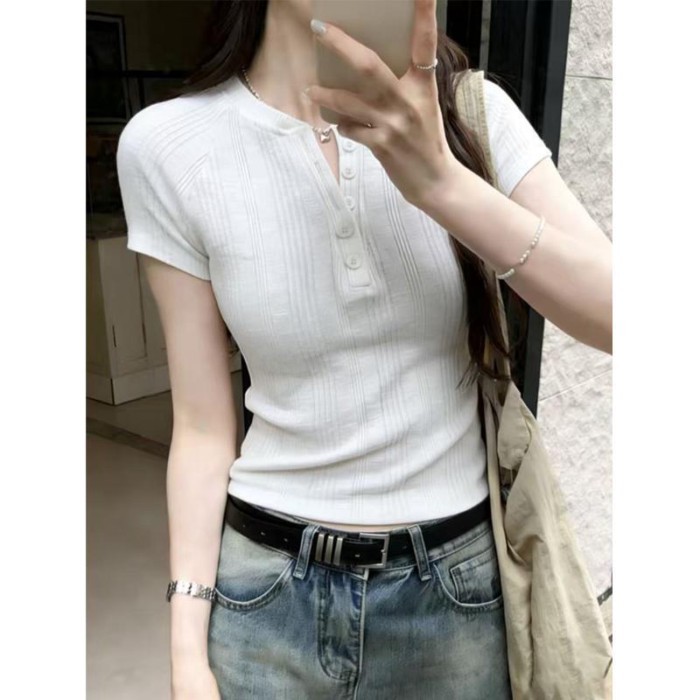 Áo thun ngắn tay giảm béo cài cúc mùa hè cho nữ, áo đa năng cho nữ, cổ chữ V