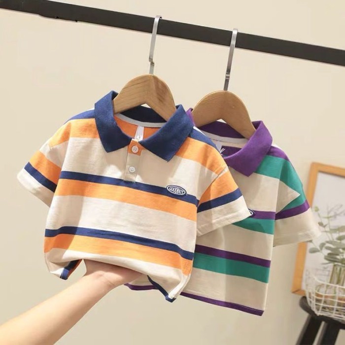 Cotton nguyên chất mùa hè phong cách mới bé trai sọc ngắn tay áo sơ mi polo bé nhỏ và vừa trẻ