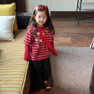 Quần áo trẻ em HelloKitty Áo thun bé gái dài tay giả hai mảnh cotton nguyên chất sọc đỏ