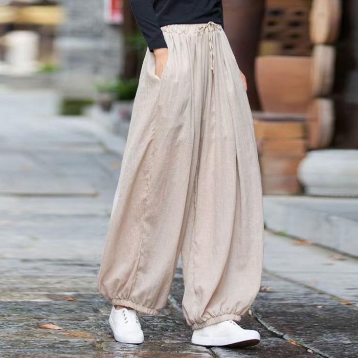 Quần áo nữ chống rò rỉ dáng rộng giản dị Zen cotton và vải lanh yoga Bloomers quần mỏng quần