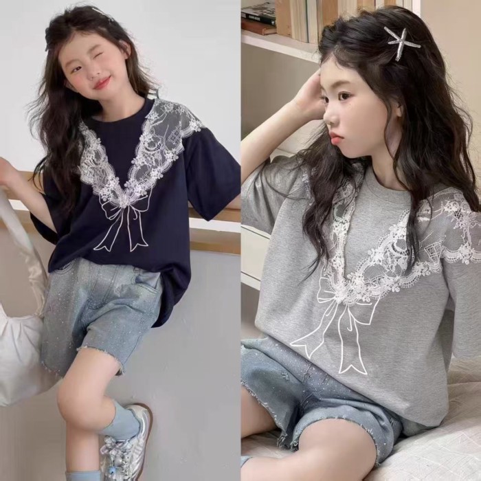 Mùa hè mới cho bạn gái tại chỗ phiên bản Hàn Quốc ren ngọt ngào khâu nơ áo thun ngắn tay dáng