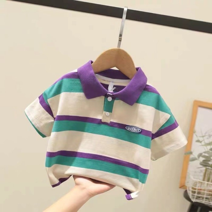 Cotton nguyên chất mùa hè phong cách mới bé trai sọc ngắn tay áo sơ mi polo bé nhỏ và vừa trẻ