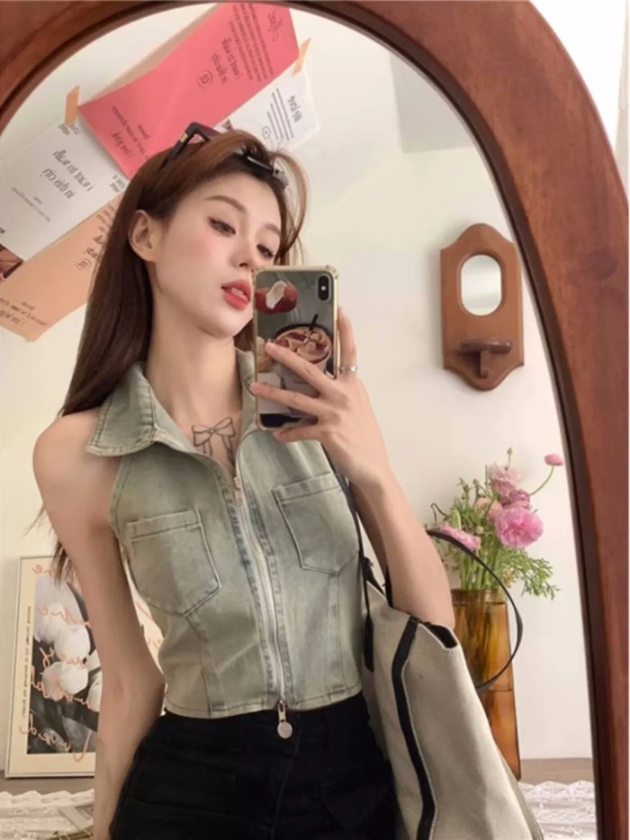 Hot Girl Pure Desire Top Ngắn Dây Kéo Denim Dây Cổ Áo Vest Nữ Hợp Thời Trang