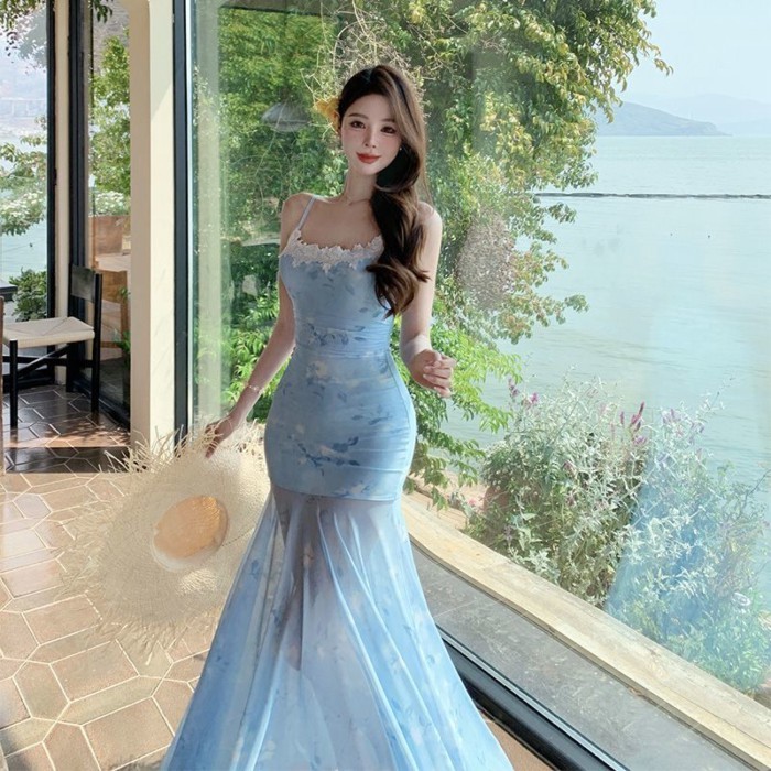 Mùa xuân múa ba lê phong cách siêu cổ tích nối ren váy treo lưới váy đuôi cá nhòe hoa đẹp và