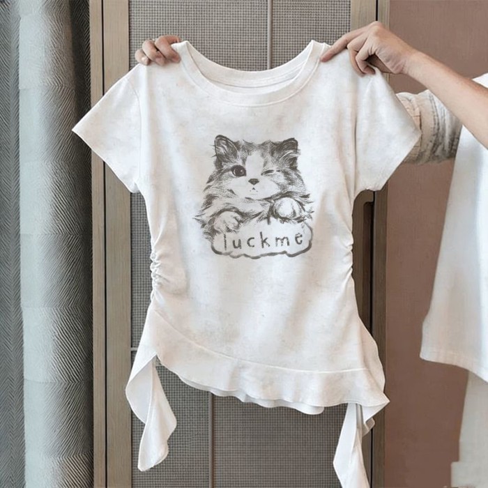 Con Mèo In Hình Vai Phải Tay Ngắn Vừa Và Lớn Áo Phông Trẻ Em Mùa Hè Mới Slim Fit Thắt-THUỐC NHUỘ