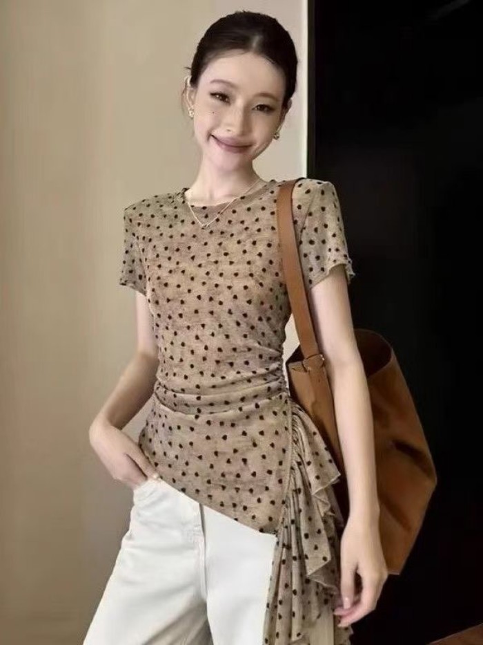 Áo thun lưới ngắn tay in hình tình yêu bất thường dành cho nữ mùa hè thời trang mới dáng ôm v