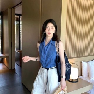 Pháp Retro Màu Xanh Áo Dây Áo Sơ Mi Nữ Mùa Hè Áo Khoác Ngoài Thiết Kế Hốc Áo Sơ Mi Cổ Top