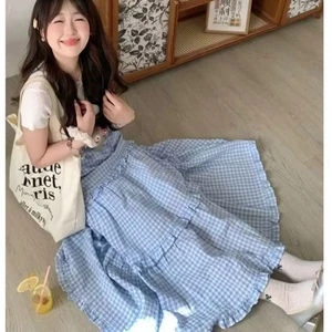 Váy ren kẻ sọc xanh trắng cho nữ mùa thu thiết kế mới váy chữ A cạp cao dài vừa phải