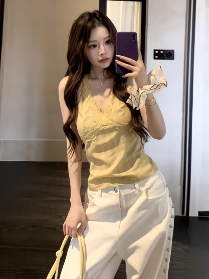 Tencel hot girl tinh khiết ham muốn phong cách ren nối dây kéo Cổ Chữ V yếm nữ mùa hè mới dán