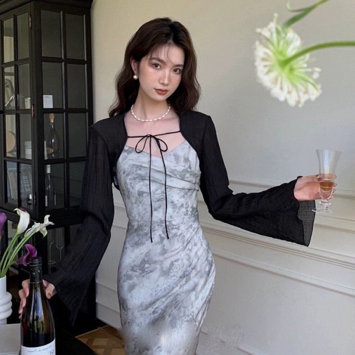 Áo cardigan voan chống nắng cho nữ mùa hè với váy hai dây và khăn choàng nhỏ áo jacket mỏng