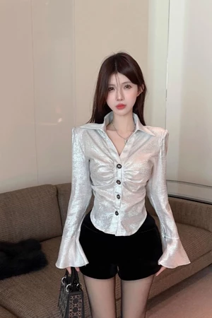 Áo sơ mi dài tay xếp li lấp lánh tay chuông hàn quốc dành cho nữ đầu thu, áo ngắn cổ polo cao cấp