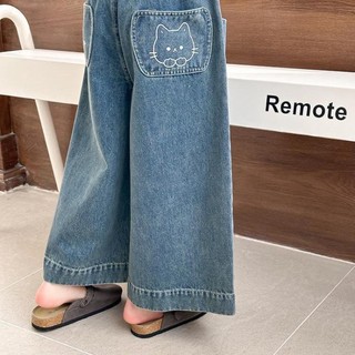 Quần ống rộng hình mèo thời trang cho bé gái, quần jean ống đứng dáng rộng giản dị, quần trẻ em cỡ