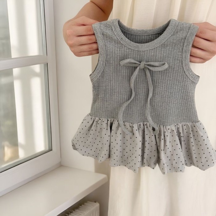 Váy mùa hè bé gái hàn quốc phong cách mới nơ màu xám ngọt ngào váy ba lê phong cách vest