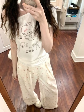 Quần âu in hình hoa mai Hello Kitty dễ thương cho nữ mới cạp cao giảm béo đa năng dáng rộng q