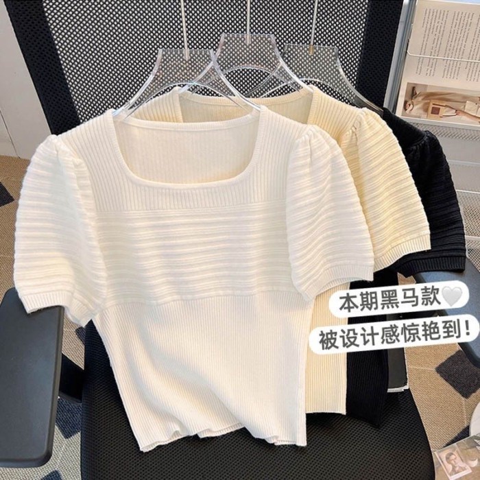 Áo len tay phồng áo thun ngắn tay nữ thiết kế mới niche sang trọng xương đòn ngắn cổ vuông