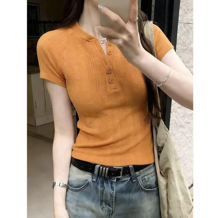 Áo thun ngắn tay giảm béo cài cúc mùa hè cho nữ, áo đa năng cho nữ, cổ chữ V