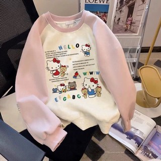 Áo nỉ bé gái vừa và lớn Hello Kitty Loose Velvet dày tay áo Raglan