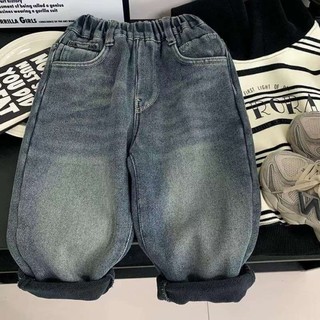 Quần jean một mảnh bé trai, quần lông cừu mềm mại phong cách Hàn Quốc, quần trẻ em