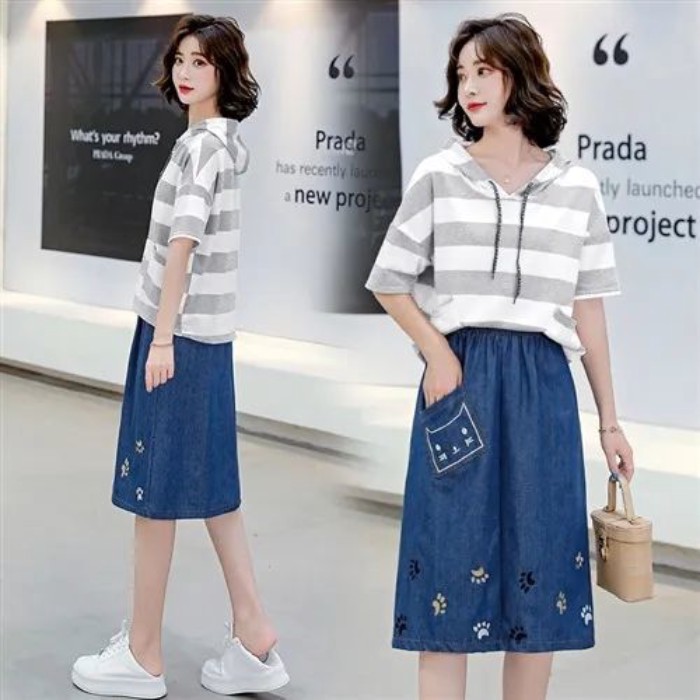 Váy Denim Mới Eo Co Giãn Thêu Chân Váy Chữ A Dài Trung Bình Váy Học Sinh