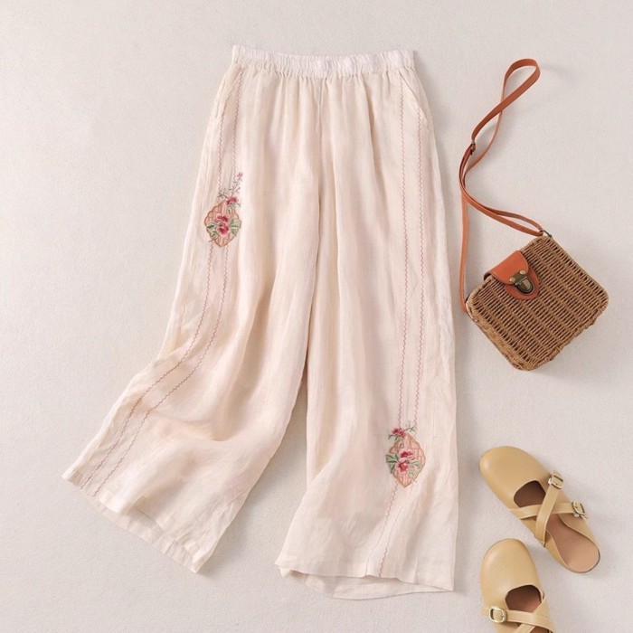 Quần ống rộng cotton và vải lanh thêu, quần ống rộng giảm béo thông thường mỏng mùa hè