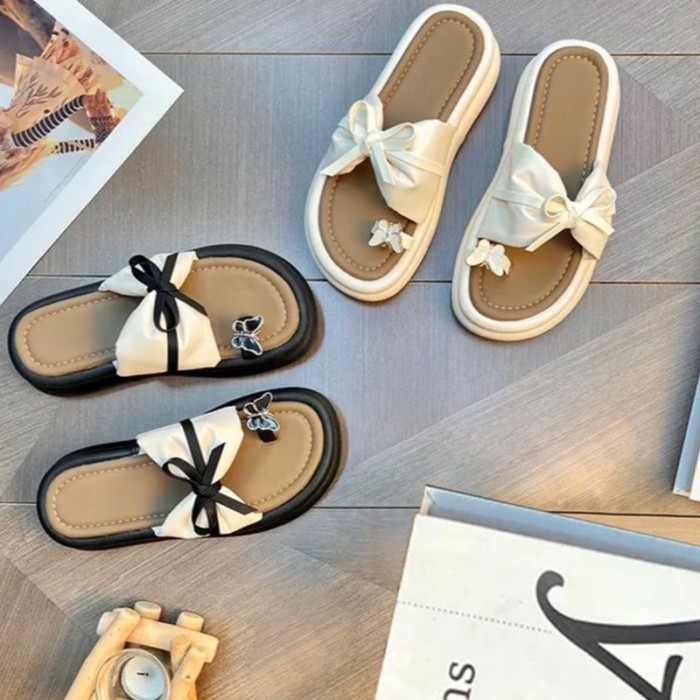 Dép xỏ ngón đế dày nơ nâng thời trang mùa hè cho nữ và dép sandal đi biển thông thường đa năng